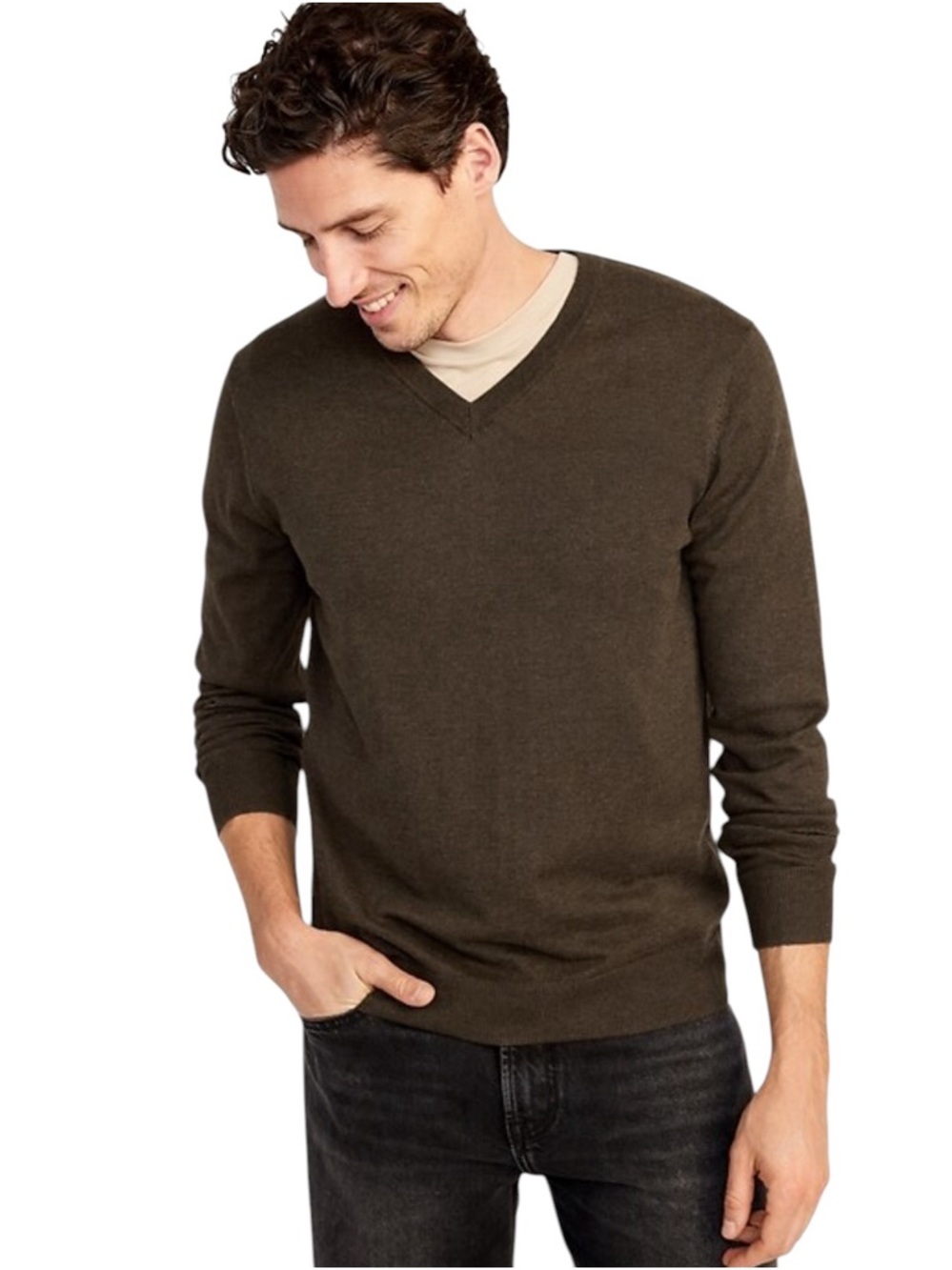Banana Republic Merino Wool Men's V-Neck Sweater in Taupe Brown‎